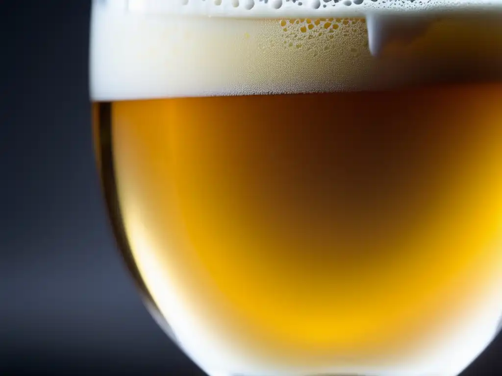 Cerveza Saison Dupont con espuma alta y burbujas delicadas en vaso, un toque de humedad y detalles sofisticados