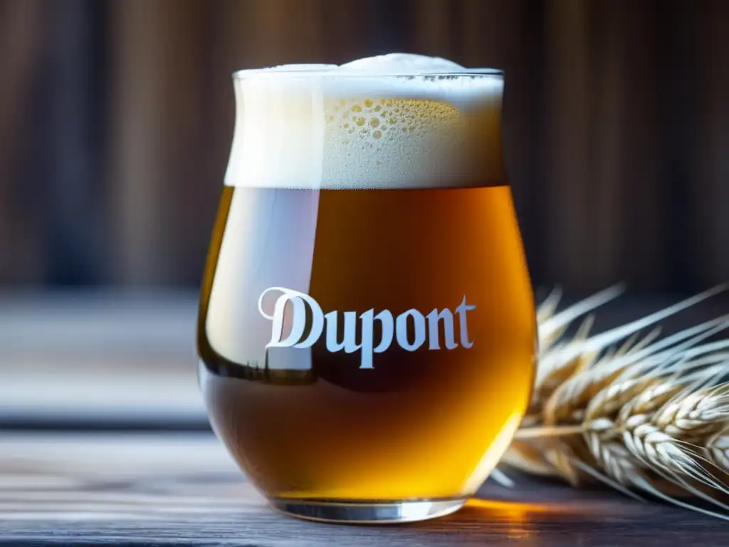 Cerveza Saison Dupont con burbujas doradas y espuma cremosa en mesa de madera