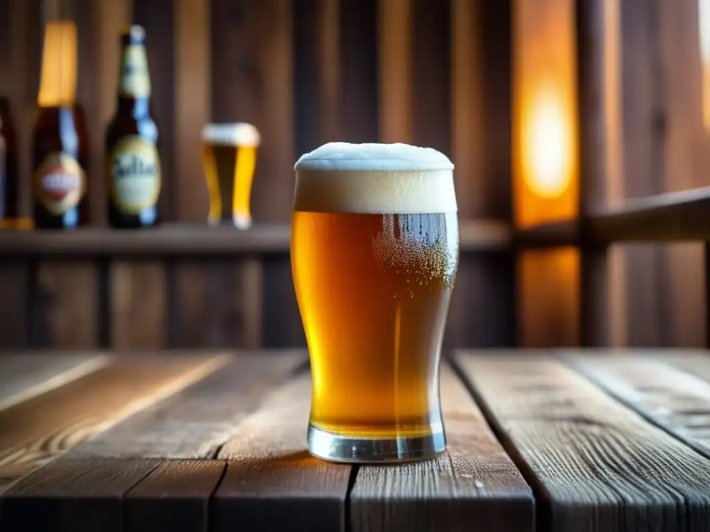 Fotografía macro de cerveza Salta en vaso helado y mesa de madera rústica, resaltando su color ámbar y autenticidad