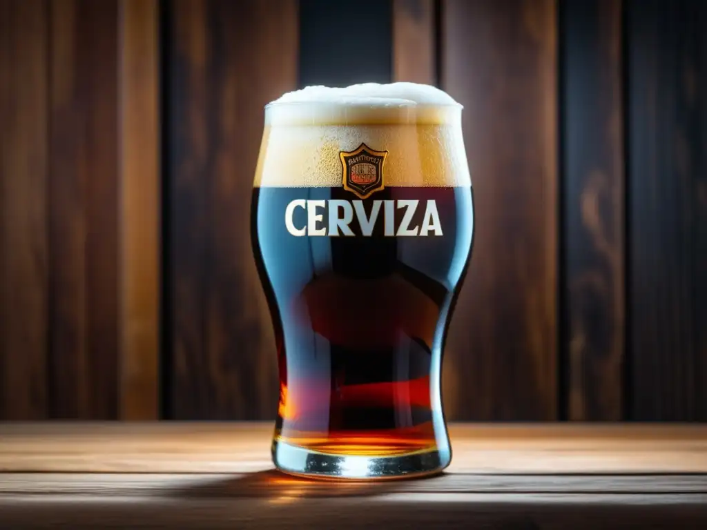 Detallada imagen 8k de una cerveza Salta rubia, negra y roja en un vaso, sobre una mesa de madera