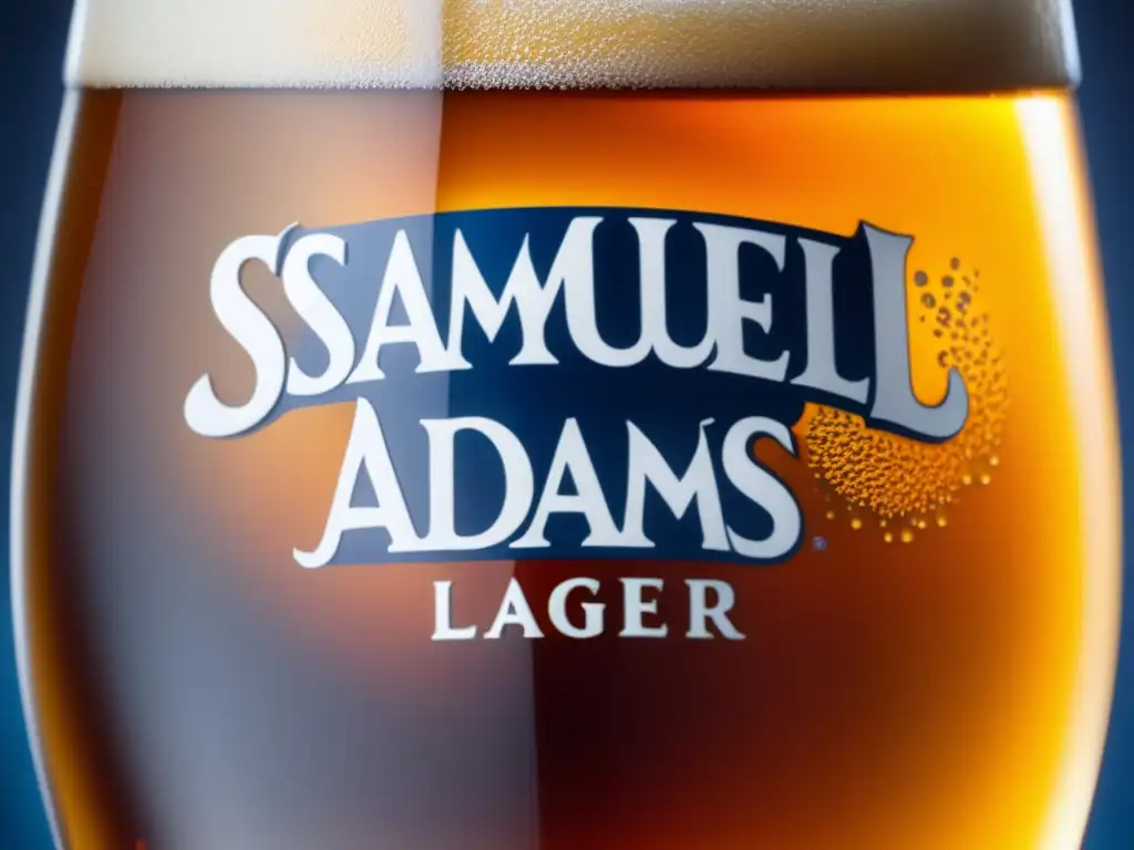 Una imagen detallada de una cerveza Samuel Adams Boston Lager en un vaso helado, con burbujas y condensación resaltando su color y espuma-