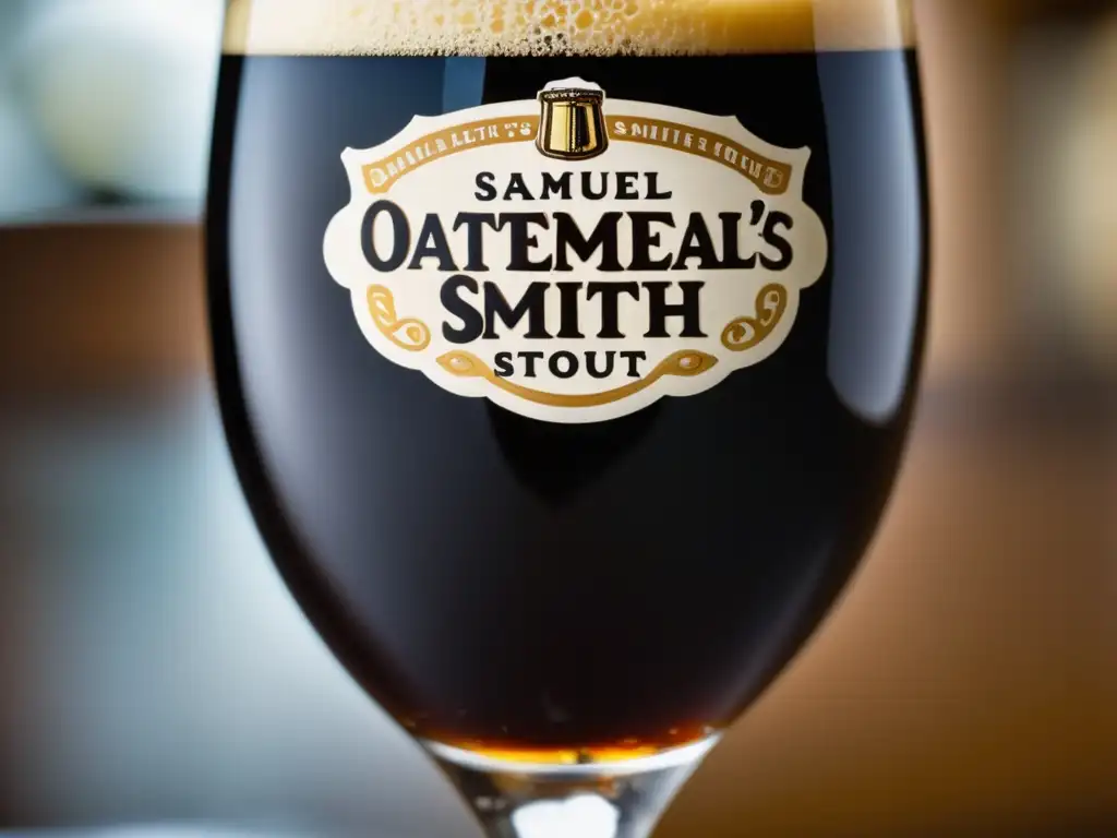 Cerveza Stout Samuel Smith's, vertida perfectamente en un vaso elegante, con textura suave y espuma cremosa