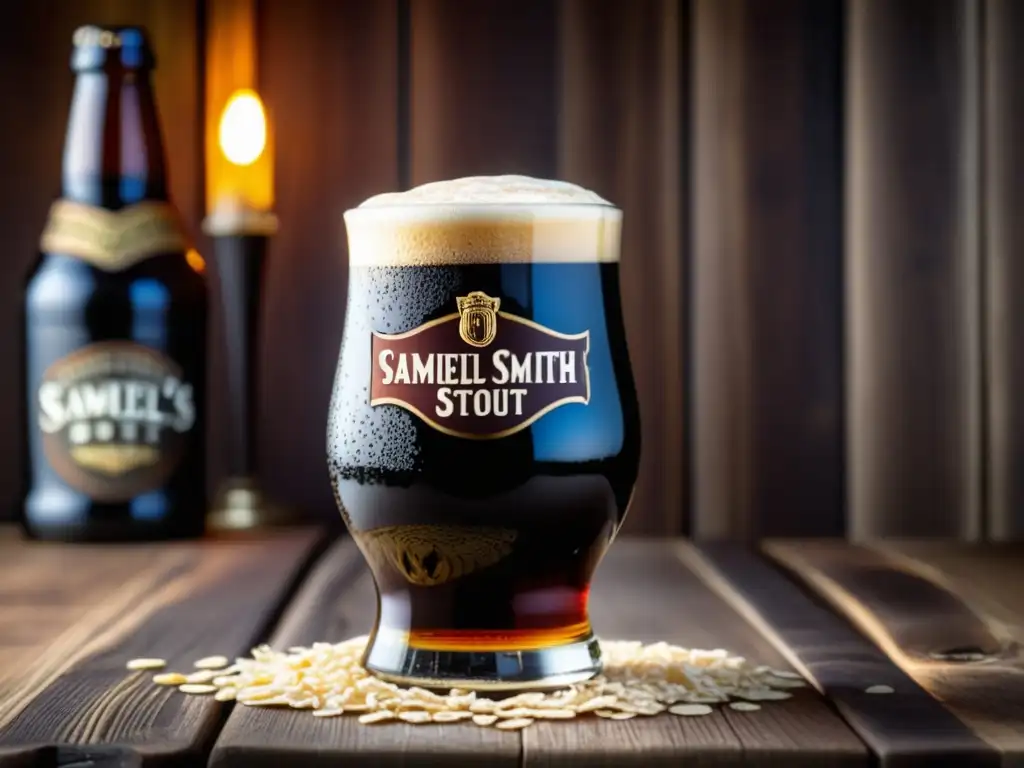 Cerveza Oatmeal Stout Samuel Smith perfectamente servida en copa tulipa, destacando su color oscuro y espuma cremosa