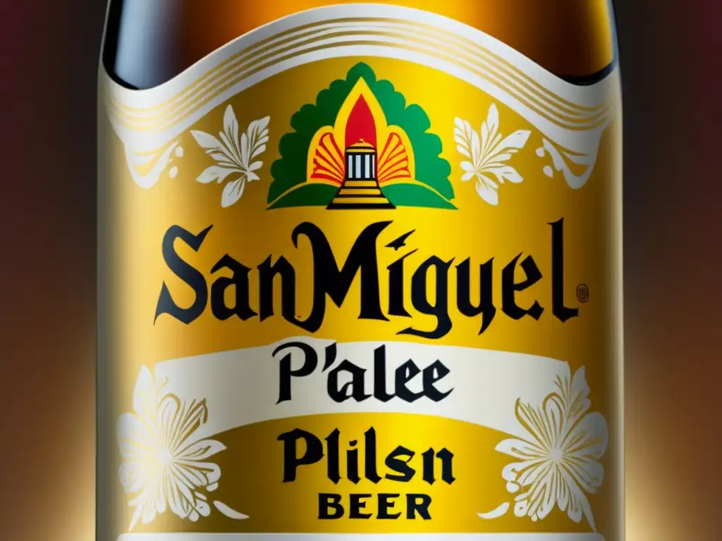 Detalle elegante de la botella de cerveza San Miguel Pale Pilsen, resaltando su etiqueta y condensación