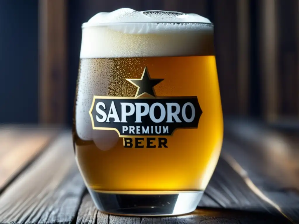 Cerveza Sapporo Premium: vistoso vaso dorado con espuma, gotas de condensación, burbujas y acabado mate