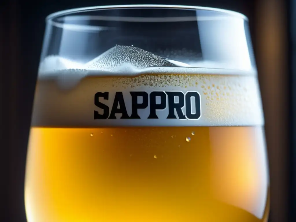 Detalle de una cerveza Sapporo Premium Lager con burbujas y condensación, elegante y refinada