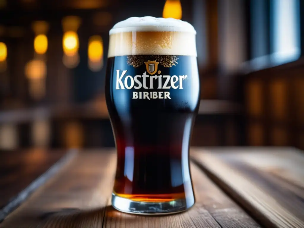 Cerveza Schwarzbier en vaso, color oscuro, espuma densa, ambiente rústico y burbujas efervescentes