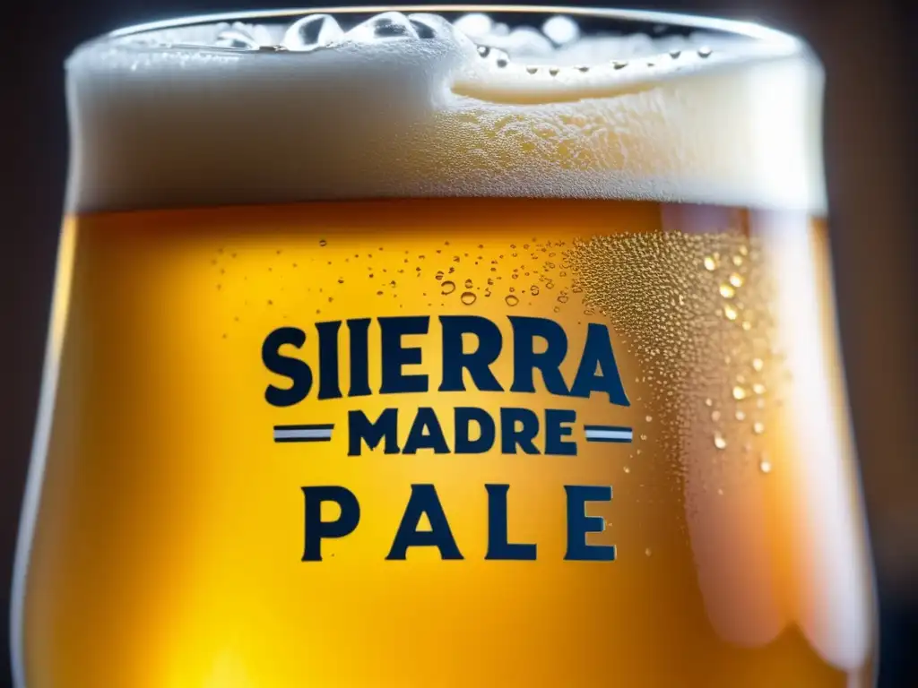 Cerveza Sierra Madre Pale Ale, cristal lleno con espuma cremosa, burbujas doradas y detalles cautivadores