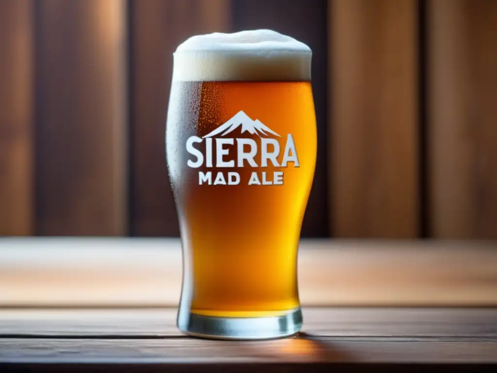 Cerveza Sierra Madre Pale Ale: Imagen ultradetallada de un vaso de cerveza helada sobre una mesa de madera