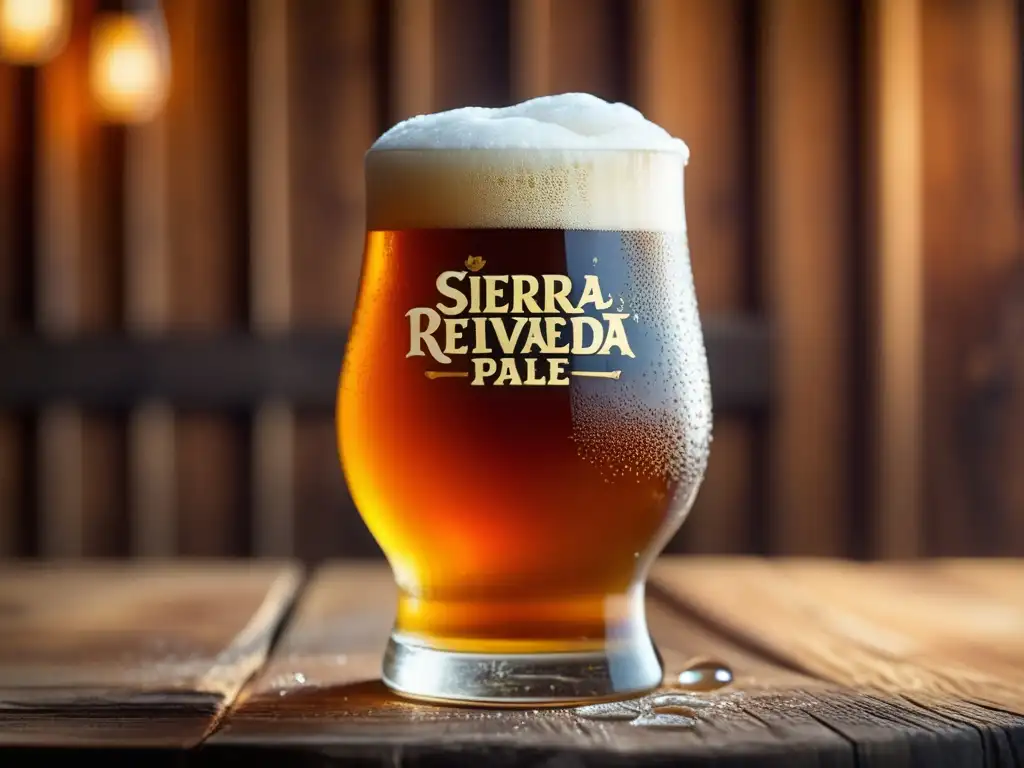 Cerveza Sierra Nevada Pale Ale: Detalles y textura, color ámbar, espuma perfecta, burbujas verdes, elegancia y artesanía