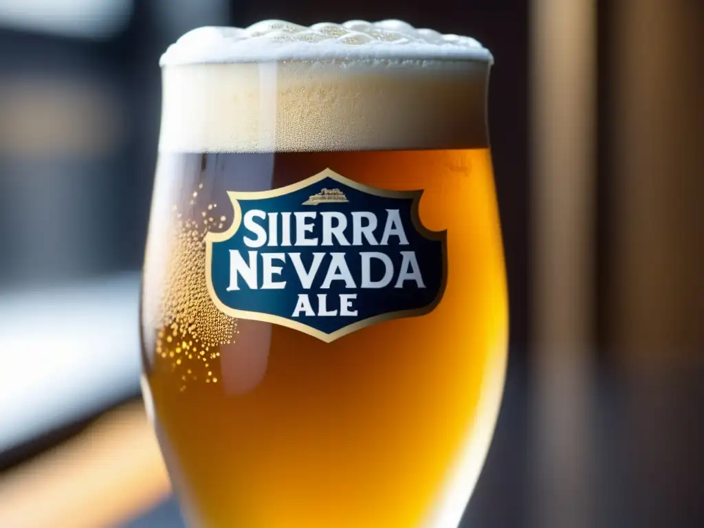 Cerveza Pale Ale de Sierra Nevada en vaso, líquido dorado y efervescente con espuma delicada