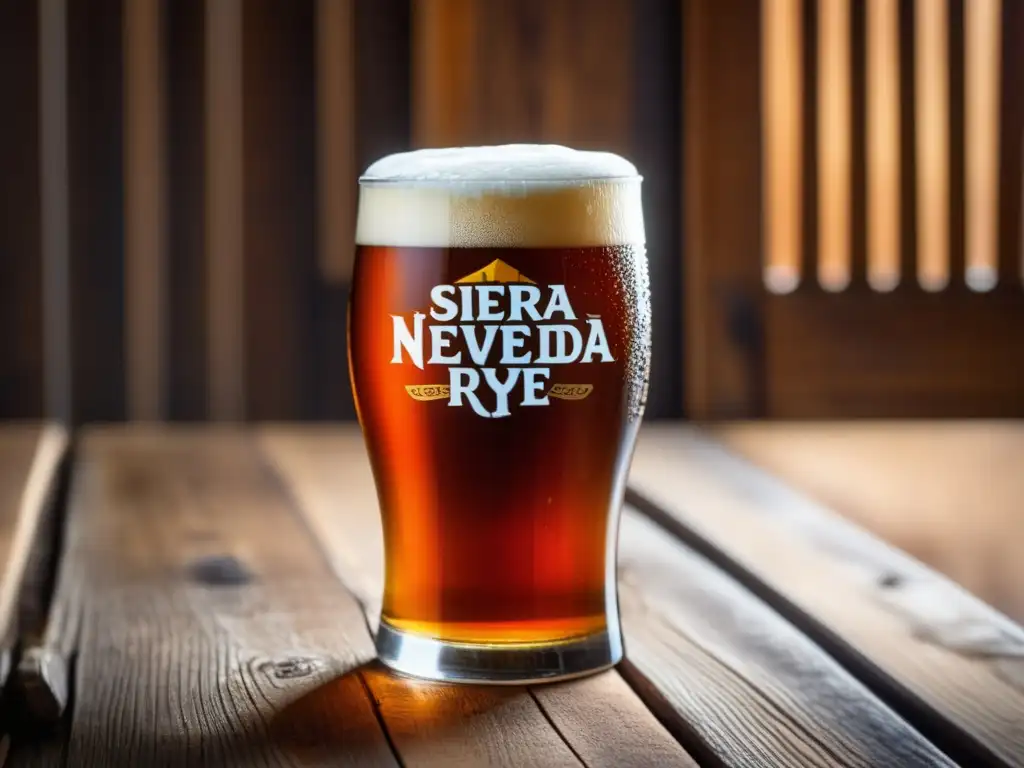 Imagen detallada de una cerveza Sierra Nevada Ruthless Rye IPA en un vaso de vidrio, con condensación y burbujas, en una mesa de madera rústica