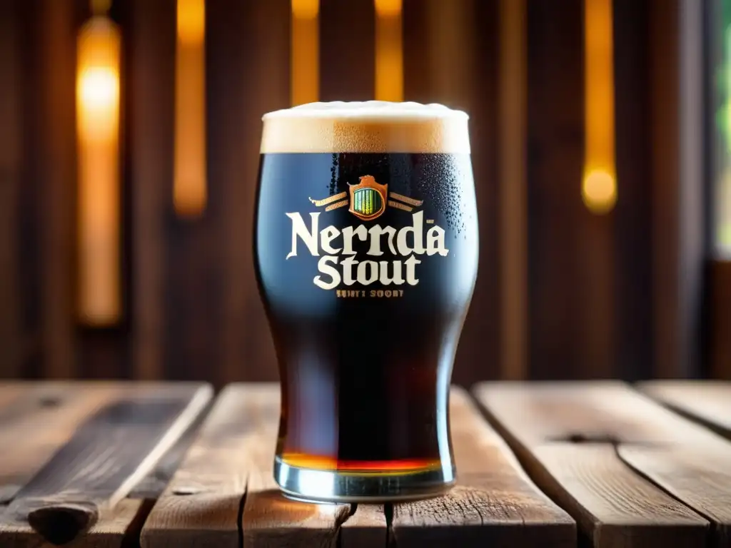 Imagen detallada de una cerveza Sierra Nevada Stout, con espuma cremosa y burbujas, en una mesa de madera rústica