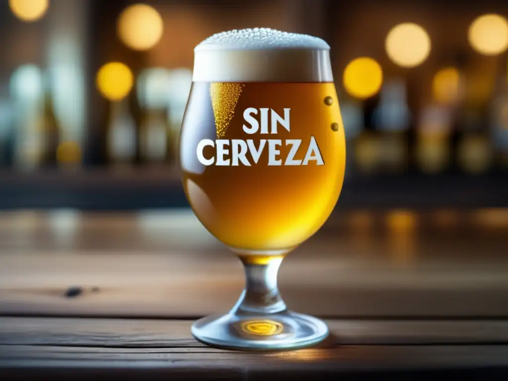 Closeup de cerveza sin alcohol en vaso de vidrio, burbujas doradas y efervescentes en mesa de madera rústica