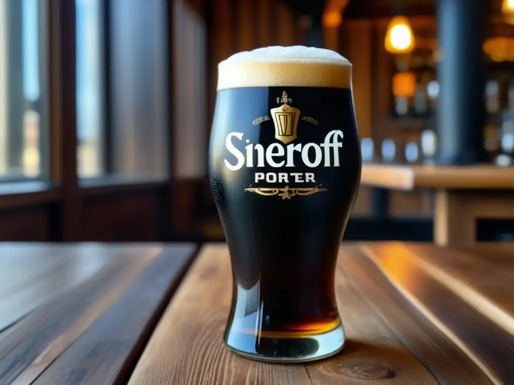 Imagen de cerveza Sinebrychoff Porter, una Baltic Porter con color oscuro y espuma cremosa en un vaso adornado con detalles