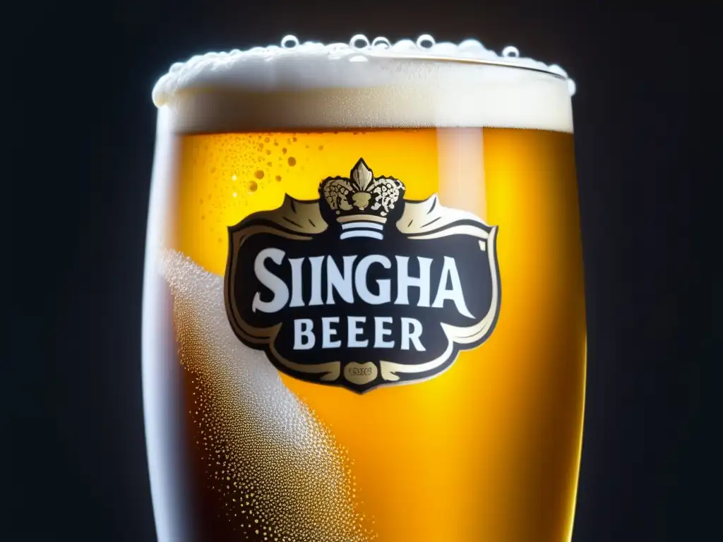 Cerveza Singha con burbujas doradas y espuma blanca en vaso elegante