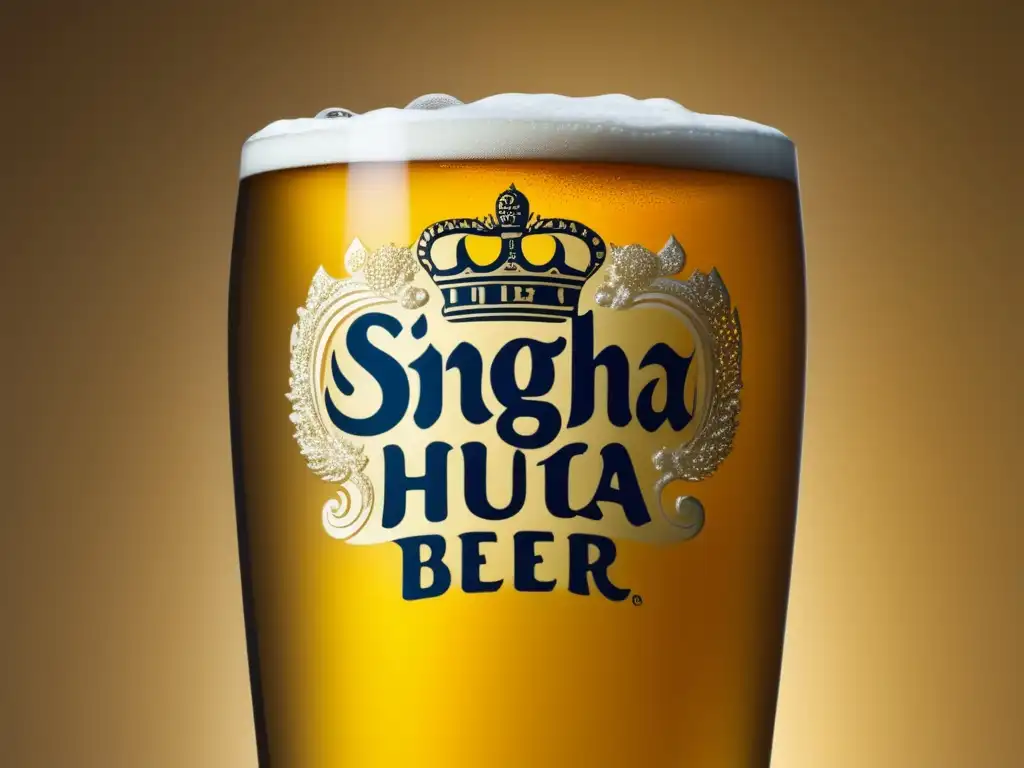 Cerveza Singha dorada con burbujas efervescentes y detalles auténticos en el vaso