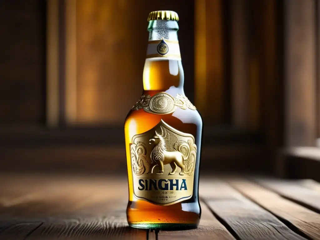 Botella de Singha dorada con patrones tailandeses y condensación, resaltando su elegancia y artesanía