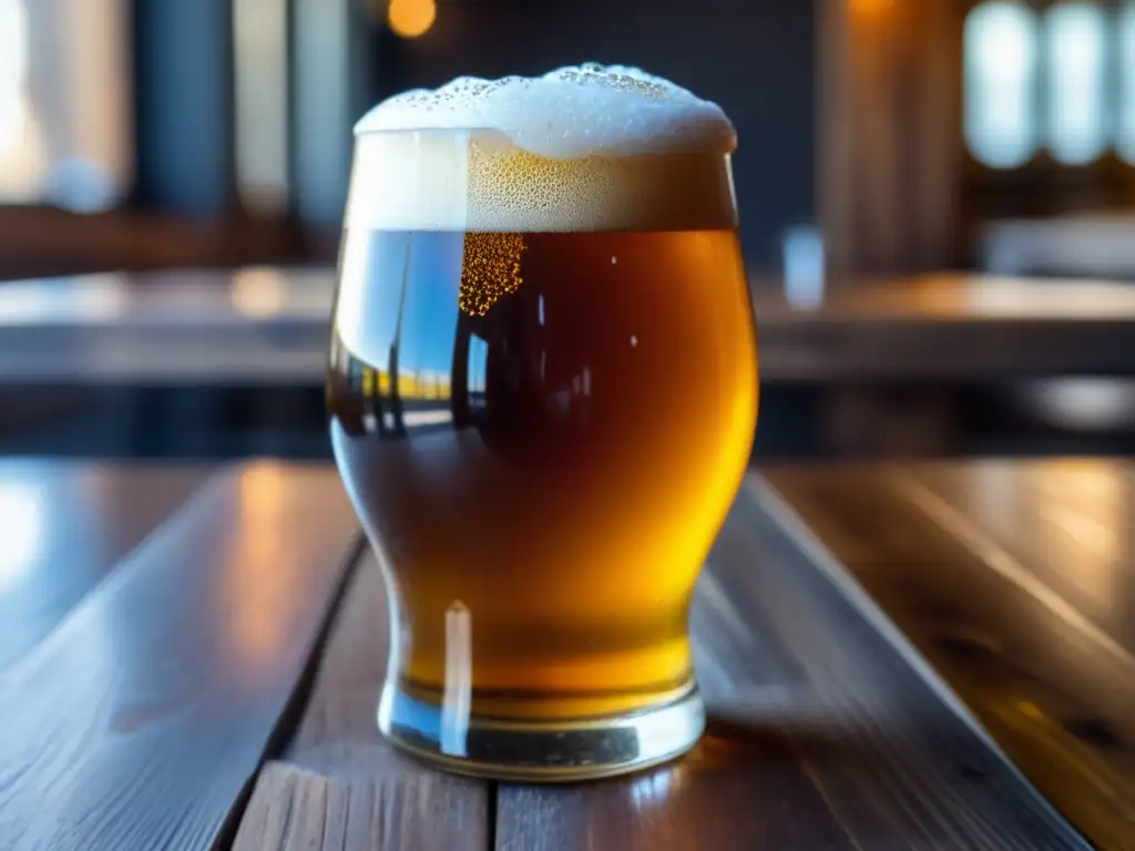 Cerveza con espuma y condensación en mesa de madera - Comunidades sostenibles