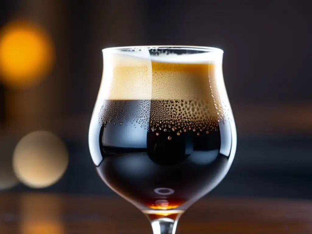 Snifter Glass con Speedway Stout, cerveza doble stout de aspecto lujoso, con burbujas y detalles cautivadores