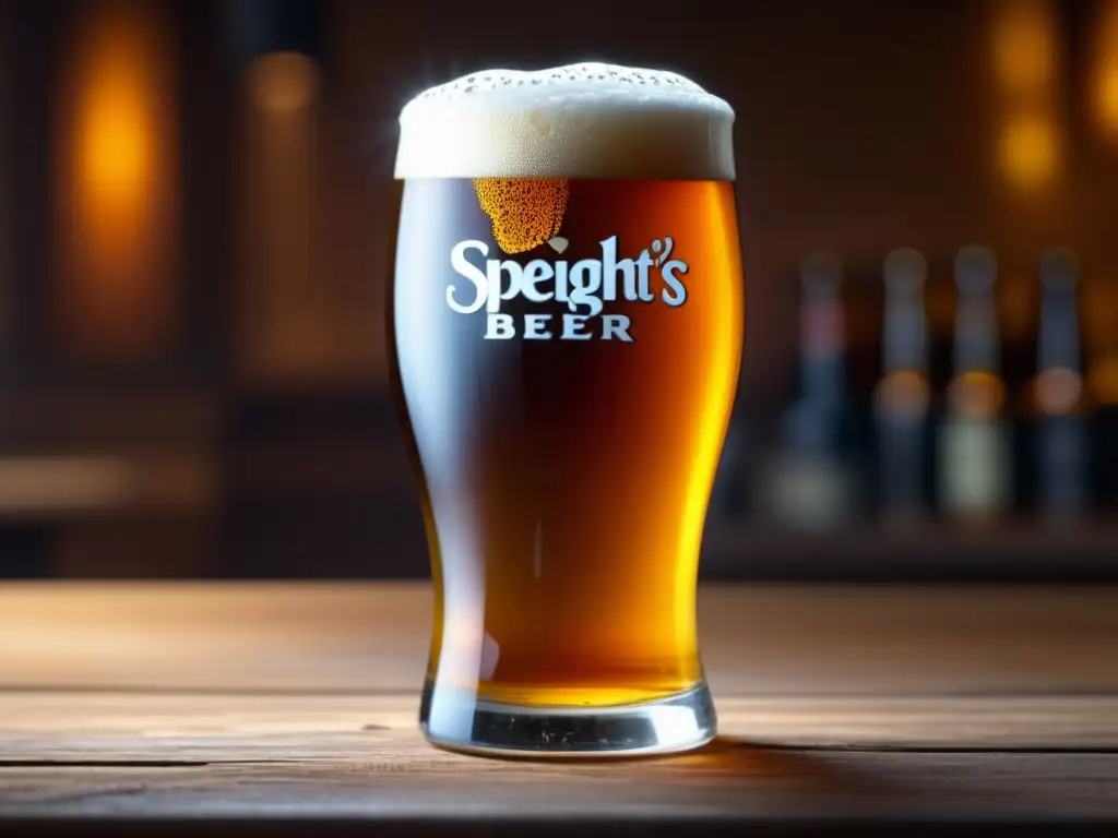 Cerveza Speight's en mesa de madera, color ámbar y espuma blanca