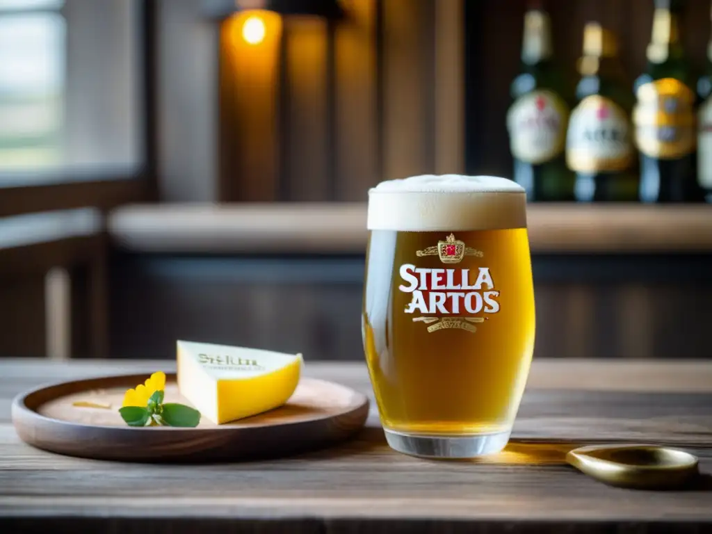 Cerveza Stella Artois en vaso dorado con logo, rodeada de elementos belgas elegantes, como queso y flores