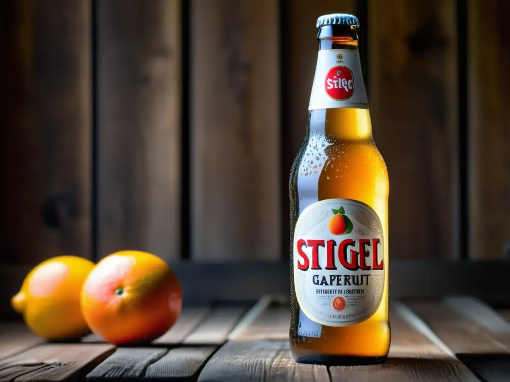 Cerveza StieglRadler Grapefruit en botella sobre superficie de madera, detalles del logo y la frescura del producto