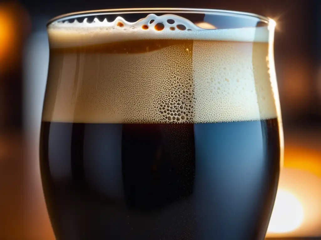 Cerveza Stout oscura con espuma cremosa y burbujas efervescentes