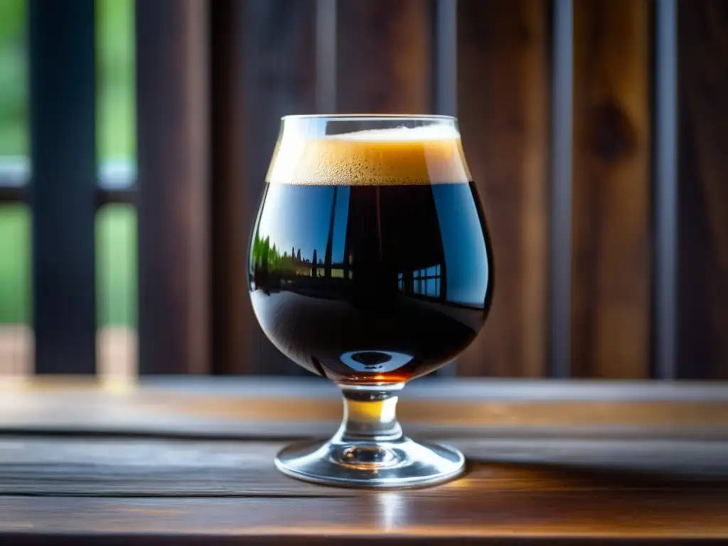 Imagen detallada de una copa de brandy llena de una rica y oscura cerveza Kentucky Breakfast Stout en una mesa de madera rústica