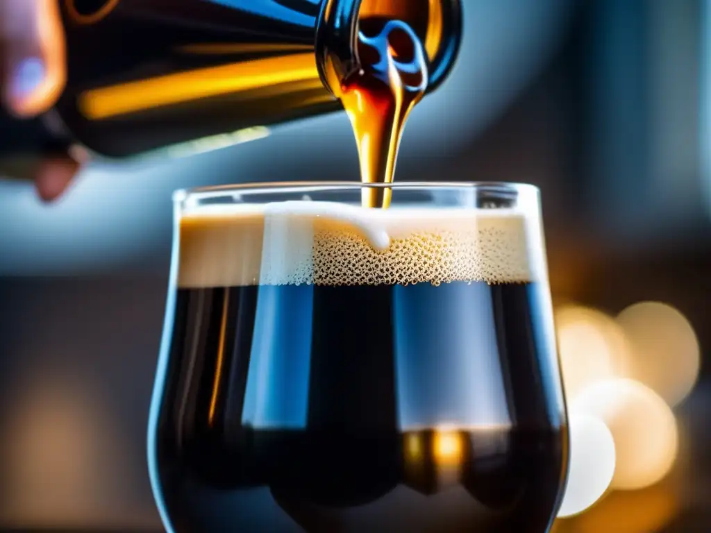 Cerveza stout en copa cristalina: detalles precisos y burbujas contrastantes en delicada espuma cremosa