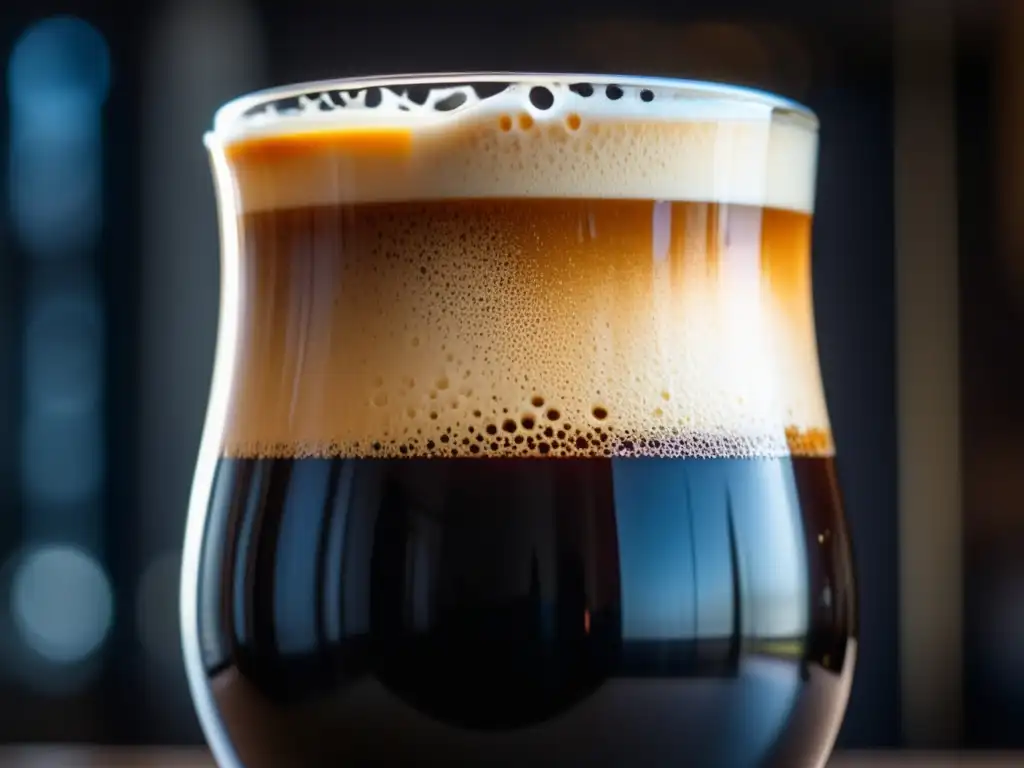 Cerveza Coffee Stout negra con espuma cremosa en vaso tulipa