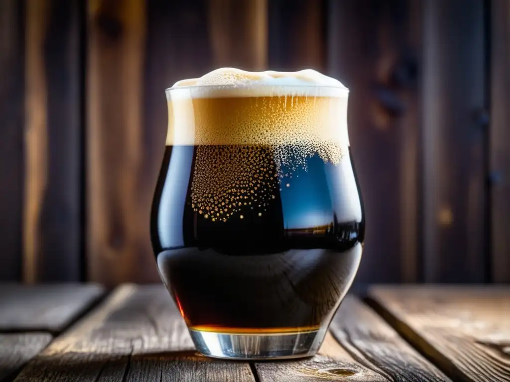 Imagen detallada de una cerveza stout, color oscuro con espuma cremosa en vaso sobre fondo de madera rústica