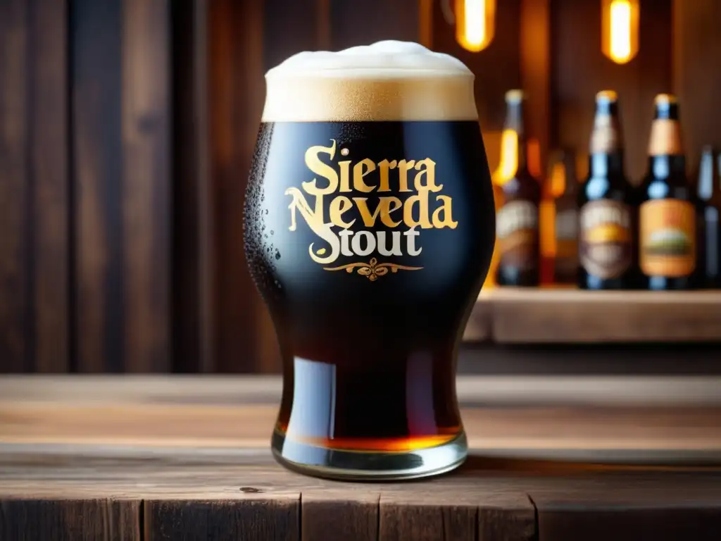 Cerveza Sierra Nevada Stout: imagen 8k de vidrio lleno de espuma cremosa y cerveza negra, rodeado de ingredientes de la cerveza