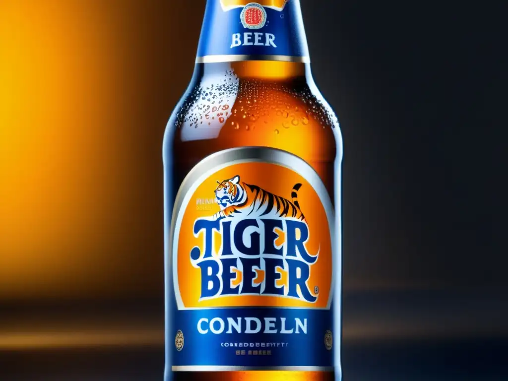 Cerveza Tiger con gotas de agua, refrescante y vibrante