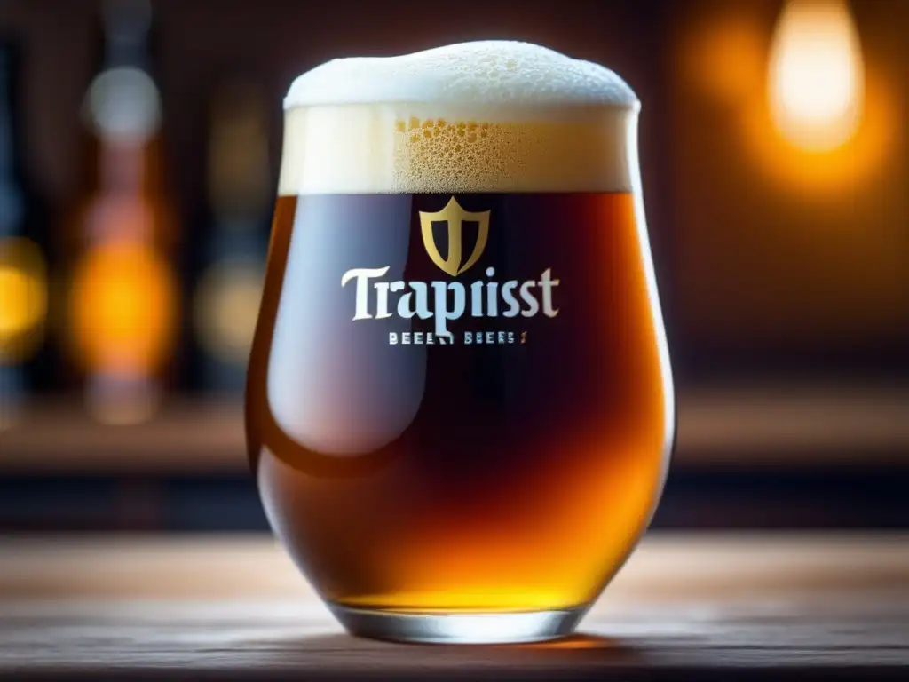 Copa de cerveza Trappist: detalles elegantes, espuma dorada, colores vibrantes y burbujas hipnotizantes