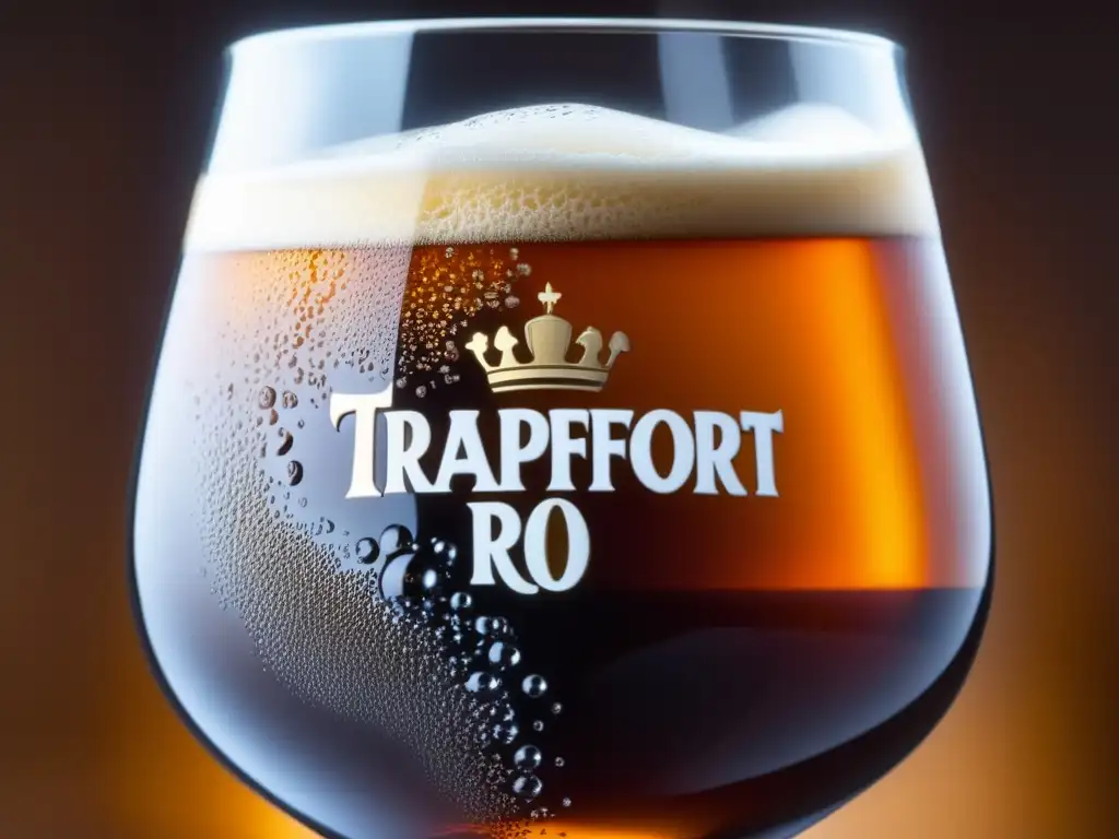 Cerveza Trappistes Rochefort 10: color ámbar oscuro, espuma cremosa, burbujas y carbonatación destacadas