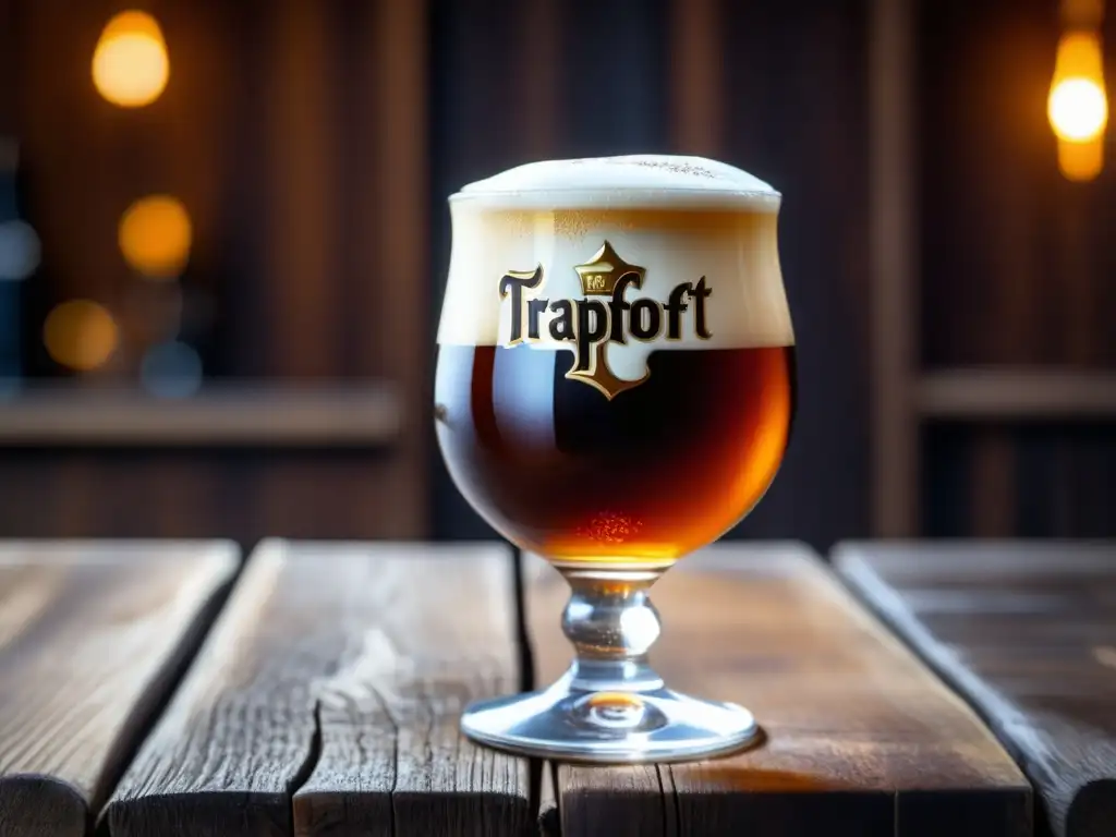 Cerveza Trappist Ale en vaso de vidrio con espuma cremosa en mesa rústica