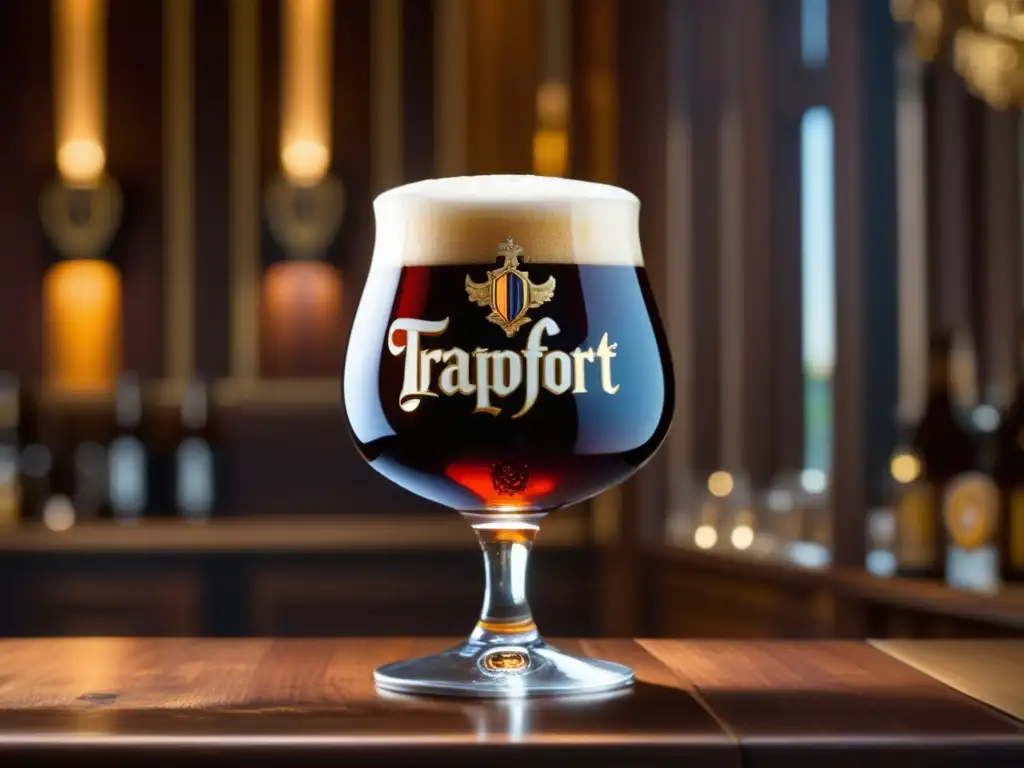 Imagen detallada: Copa de Trappistes Rochefort 10 en mesa de madera, escena cautivadora