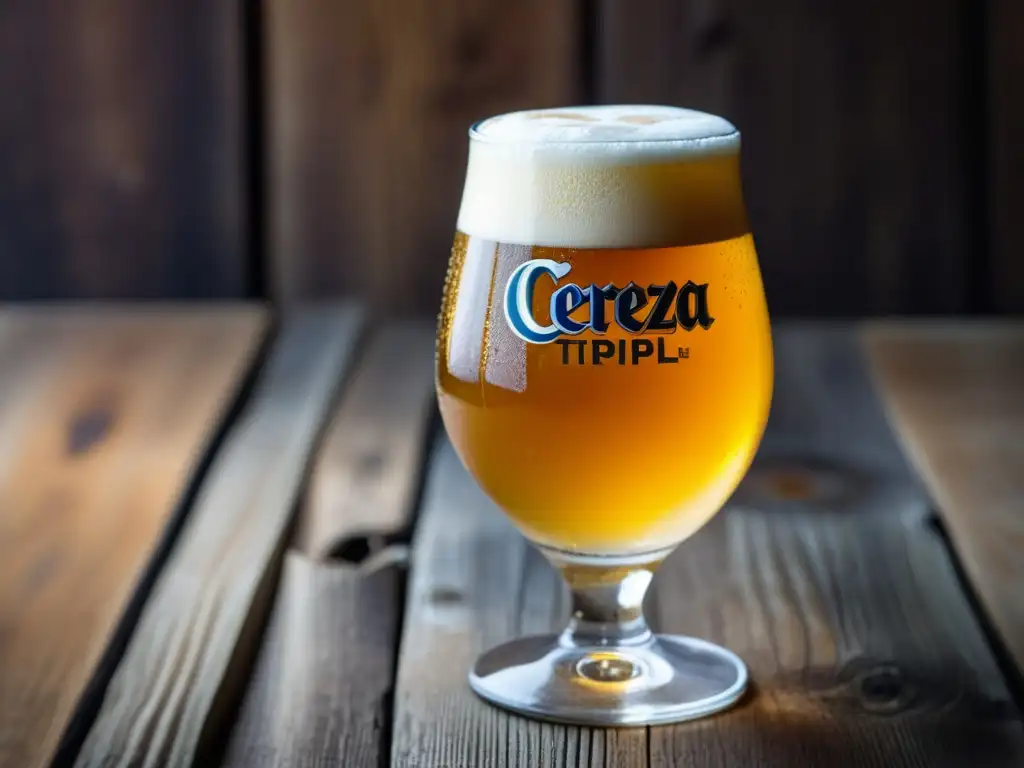 Cerveza Ceiba Tripel en vaso de cristal, detalle y ambiente rústico