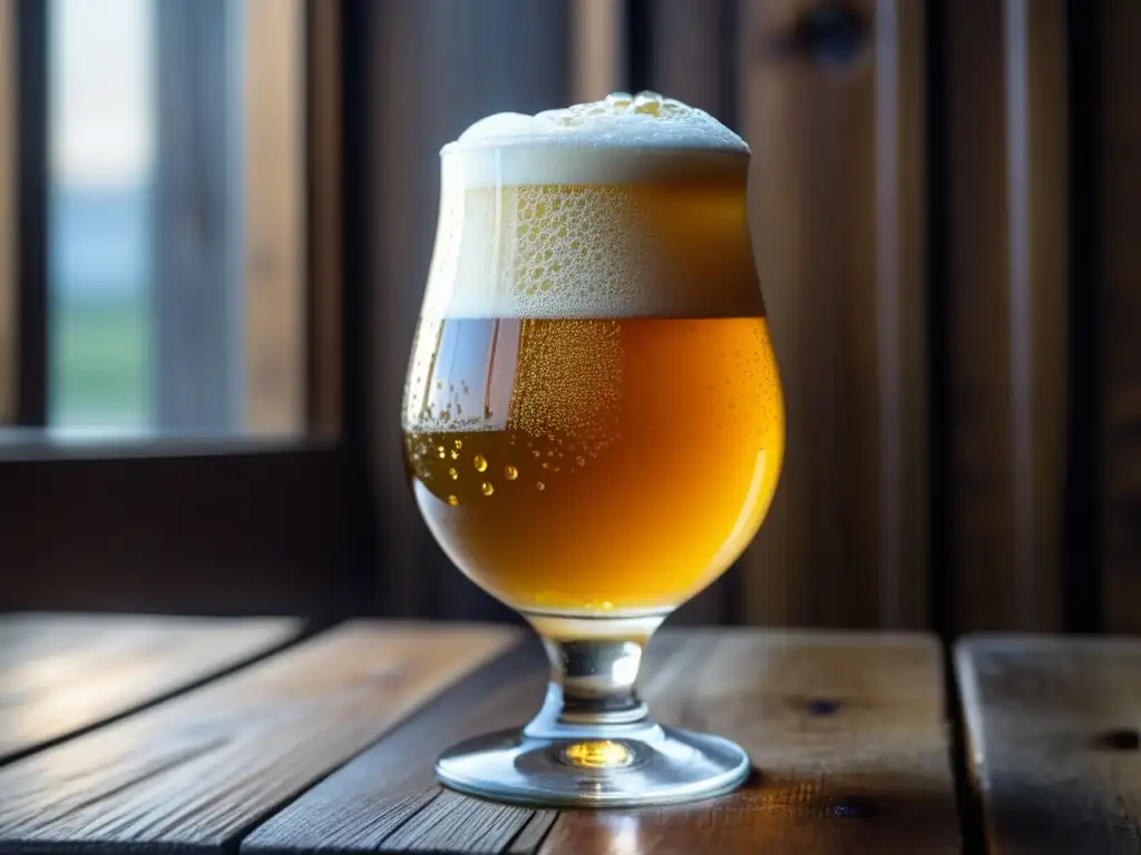 Imagen detallada de una cerveza Tripel dorada en un vaso, en una mesa de madera rústica