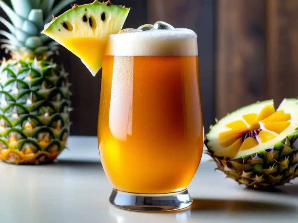 Una cerveza tropical con ingredientes adjuntos y una presentación elegante y sofisticada