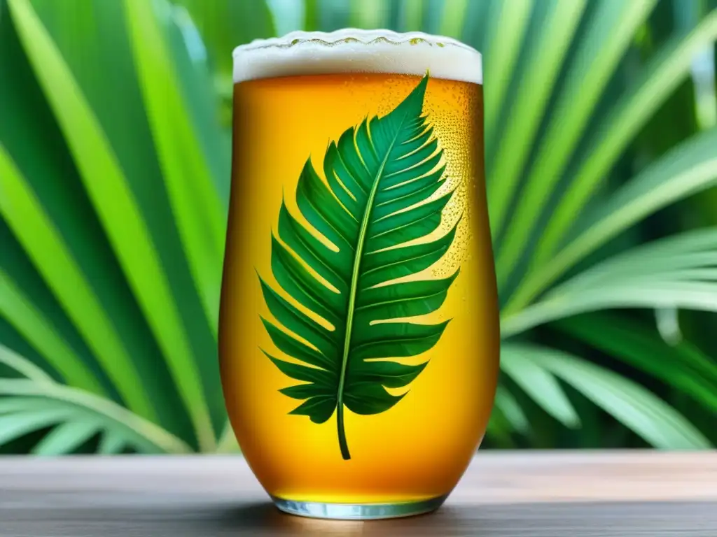 Copa de cerveza tropical rodeada de hojas verdes y flores exóticas