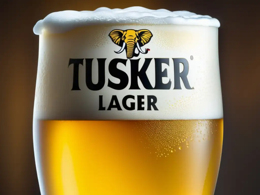 Cerveza Tusker Lager con espuma blanca y burbujas claras