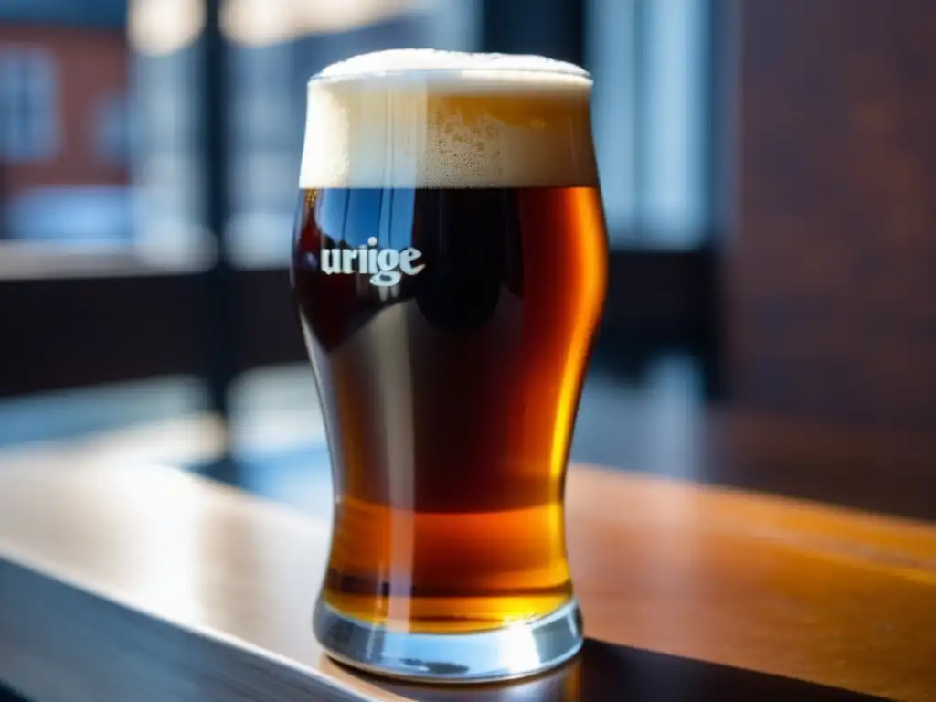 Cerveza Altbier Uerige Alt de Düsseldorf, color ámbar con burbujas y espuma cremosa, detalle artístico