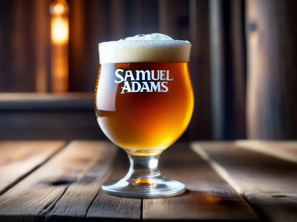 Cerveza de verano Samuel Adams, Golden Ale con condensación, espuma blanca, limón y menta en mesa rústica (110 caracteres)