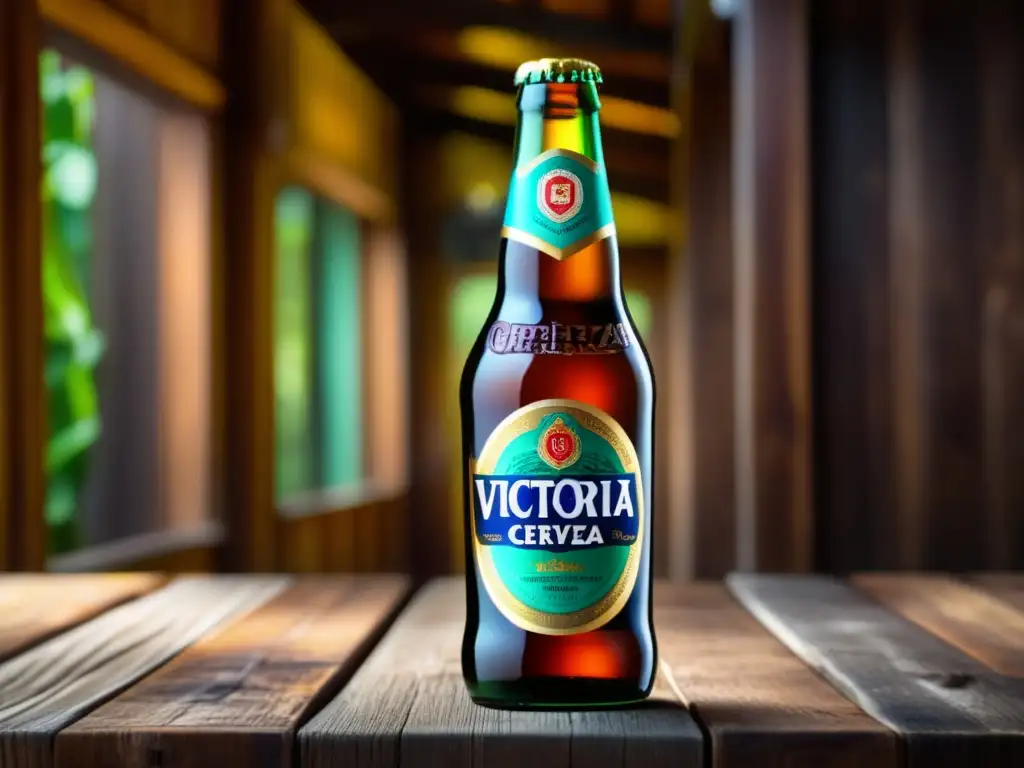 Botella de Cerveza Victoria en una mesa de madera rústica, con detalles intrincados y calidad refrescante