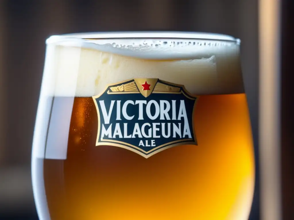 Cerveza Victoria Malagueña Pale Ale, detalle dorado y espuma cremosa, burbujas y frescura en vaso mate