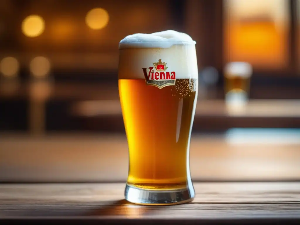 Un vaso de cerveza Vienna Lager en una mesa de madera