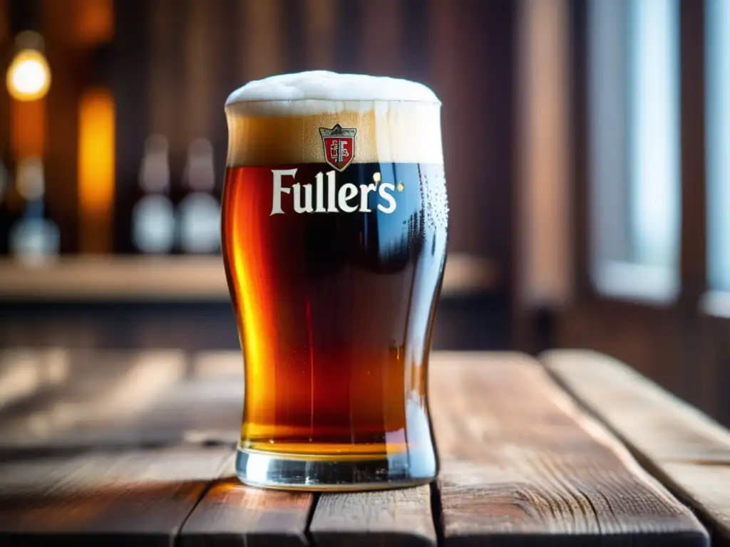 Copa de cerveza Fuller's Vintage Ale: aspecto rico y atractivo, espuma perfecta con detalles macro y acabado vintage