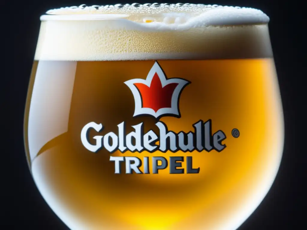 Cerveza Westmalle Tripel, dorada y exquisita, con espuma blanca y burbujas visibles en un vaso sobre fondo oscuro